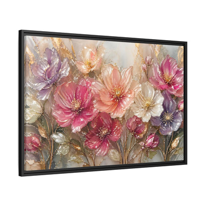 Side Mockup 13. Floral Vibrant Flowers Pink And Gold Floral shown as stretched canvas wall art