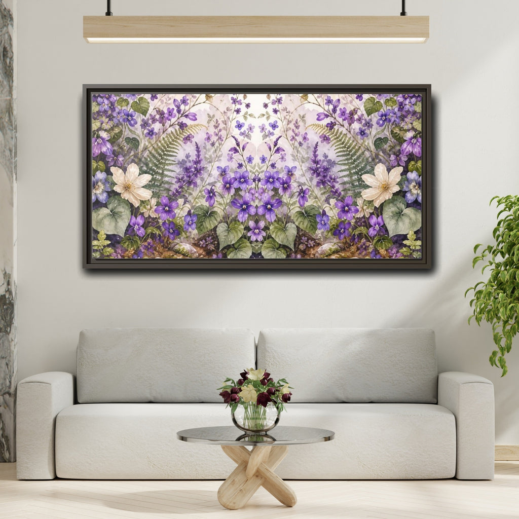 Mockup 2. Floral Violet Flowers Purple Floral shown as stretched canvas wall art
