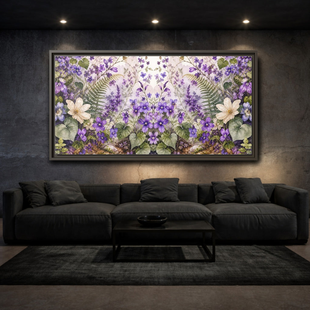 Mockup 3. Floral Violet Flowers Purple Floral shown as stretched canvas wall art