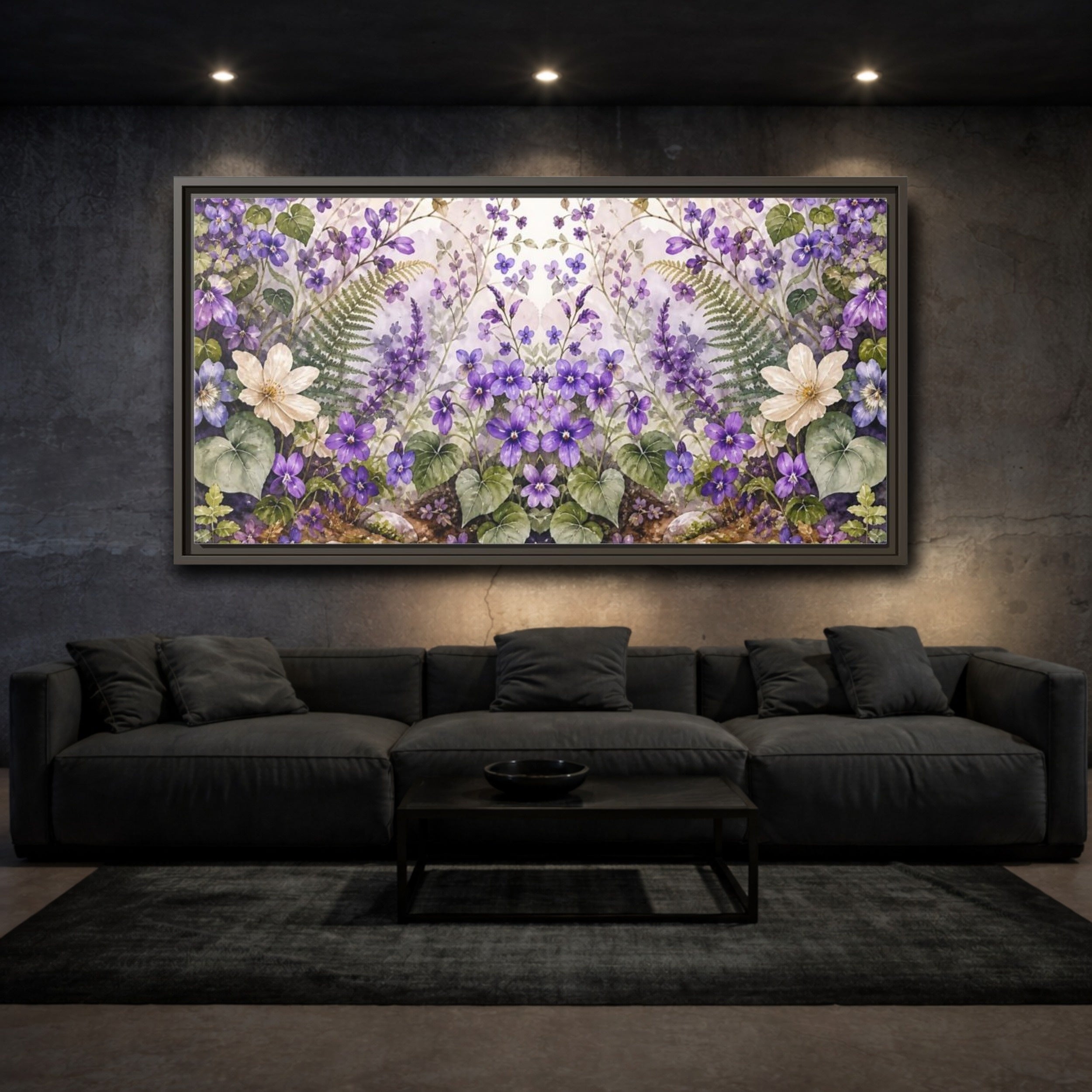 Mockup 3. Floral Violet Flowers Purple Floral shown as stretched canvas wall art