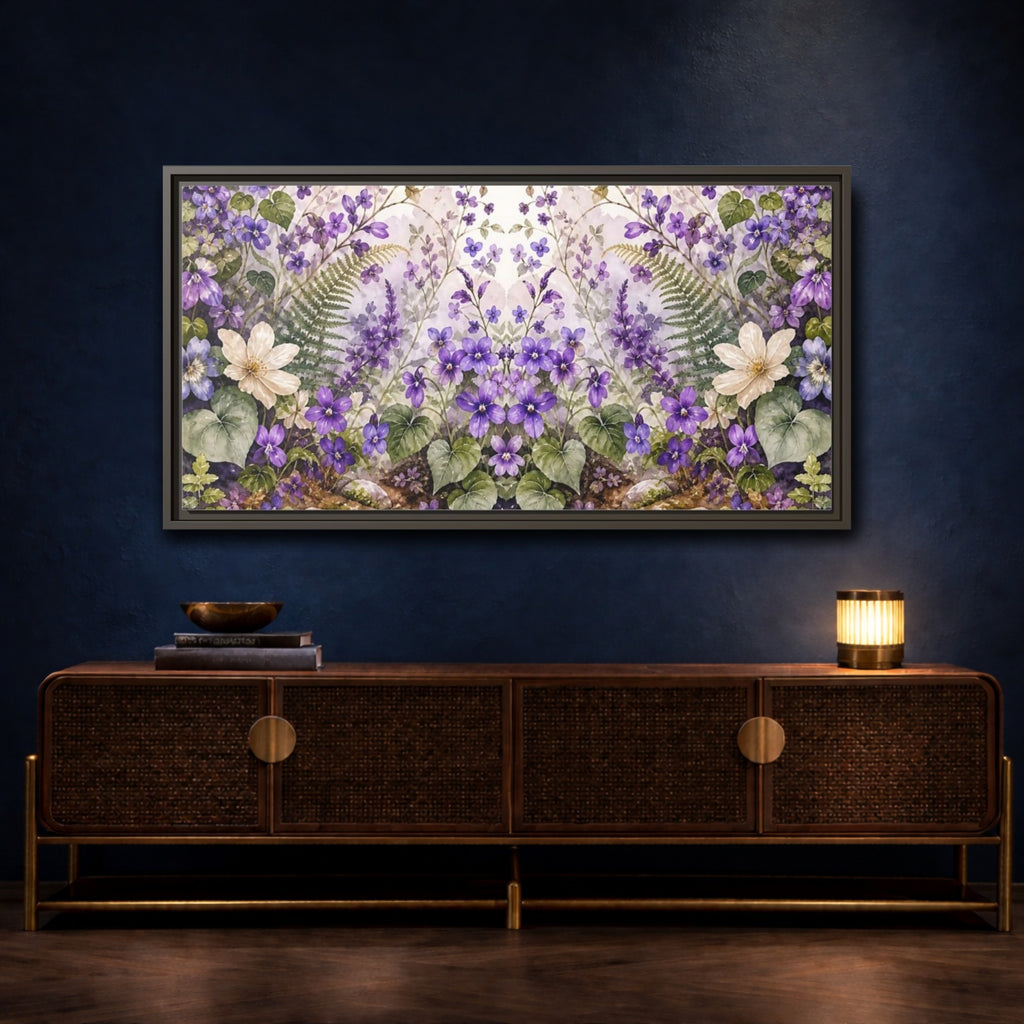 Mockup 4. Floral Violet Flowers Purple Floral shown as stretched canvas wall art