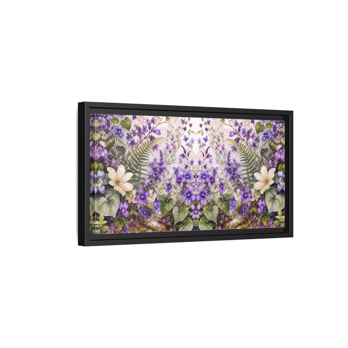 Side Mockup 8. Floral Violet Flowers Purple Floral shown as stretched canvas wall art