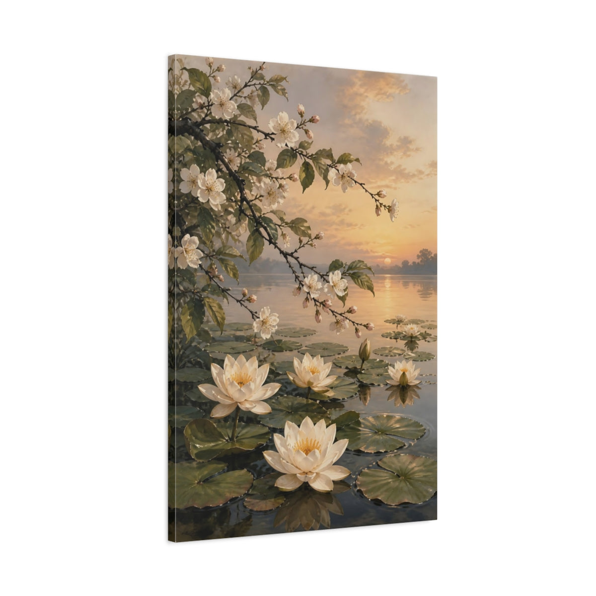 Main Mockup. Floral Water Lilies Floral Sunset Lake shown as stretched canvas wall art