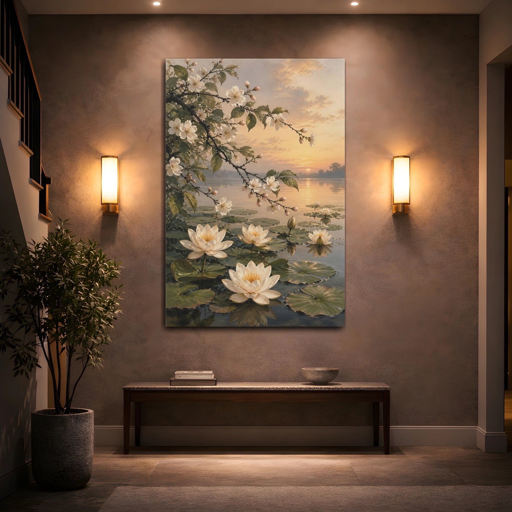 Mockup 2. Floral Water Lilies Floral Sunset Lake shown as stretched canvas wall art