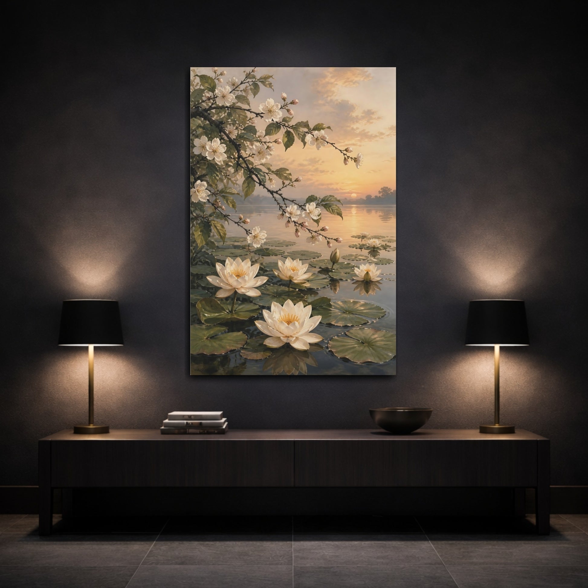 Mockup 3. Floral Water Lilies Floral Sunset Lake shown as stretched canvas wall art