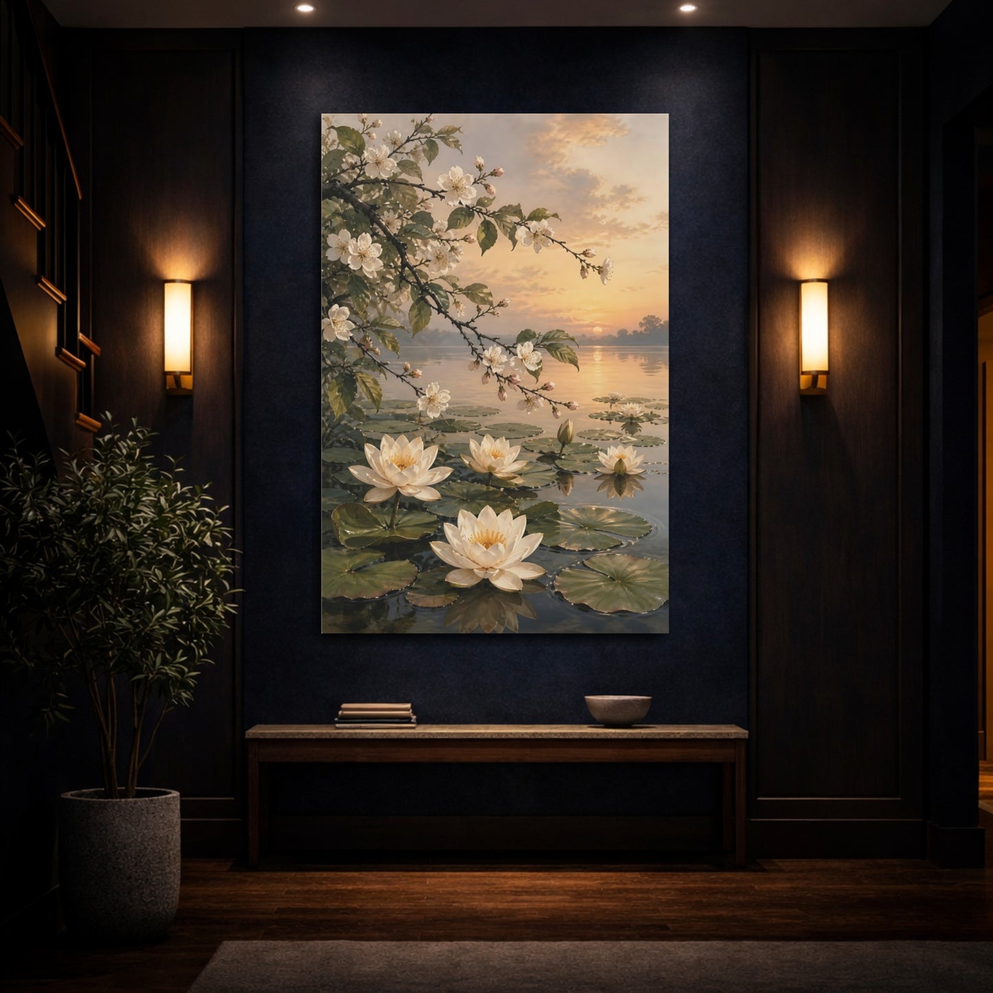 Mockup 4. Floral Water Lilies Floral Sunset Lake shown as stretched canvas wall art