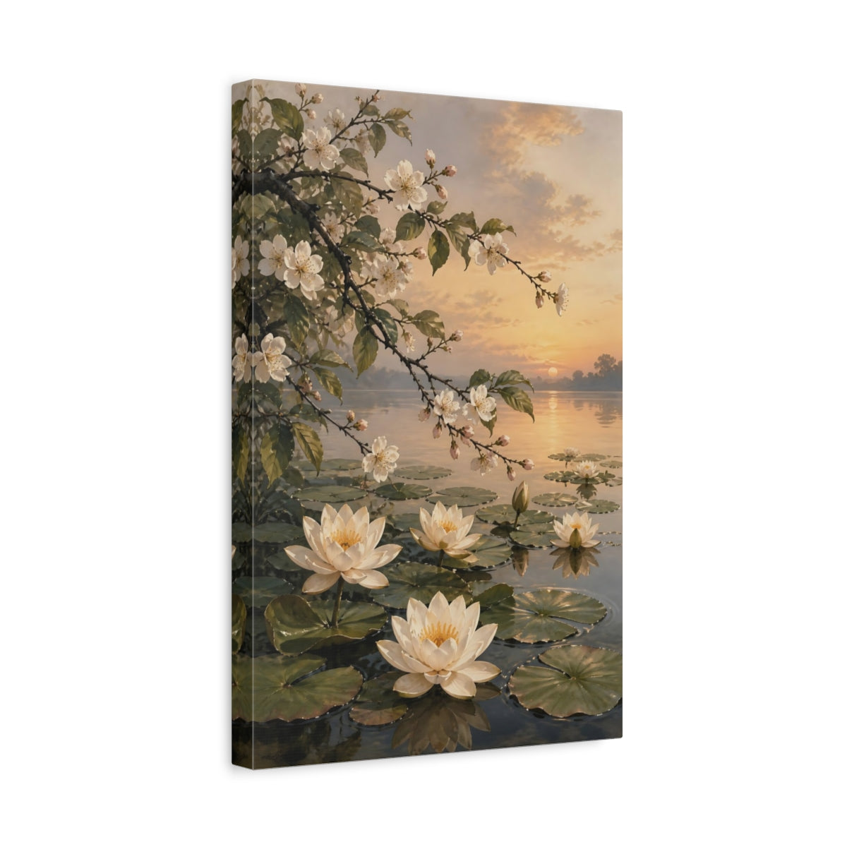 Side Mockup 4. Floral Water Lilies Floral Sunset Lake shown as stretched canvas wall art
