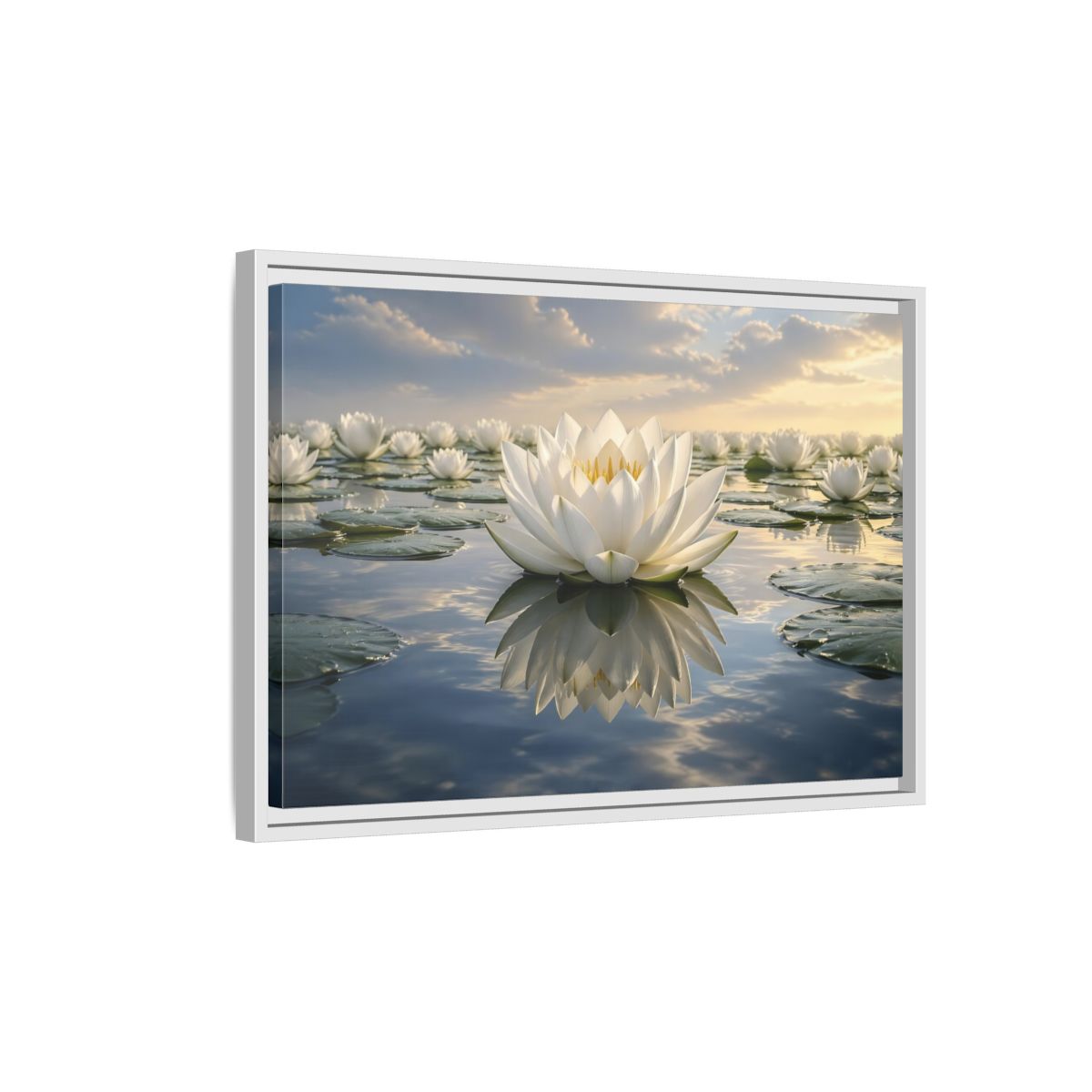Side Mockup 1. Floral Water Lily White Water Lily shown as stretched canvas wall art