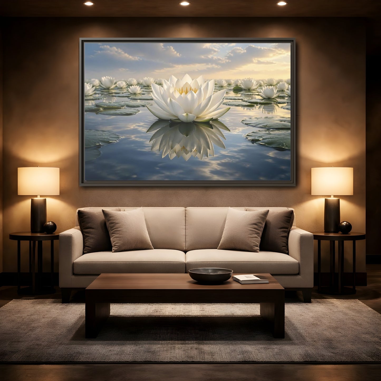Mockup 2. Floral Water Lily White Water Lily shown as stretched canvas wall art