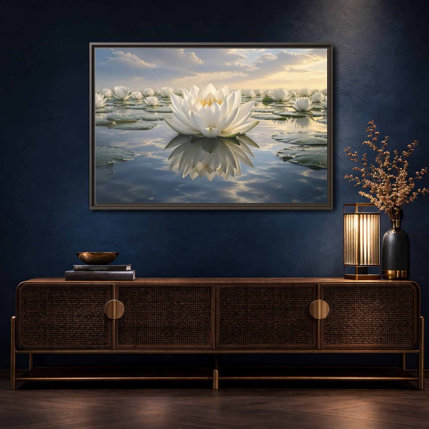 Mockup 4. Floral Water Lily White Water Lily shown as stretched canvas wall art