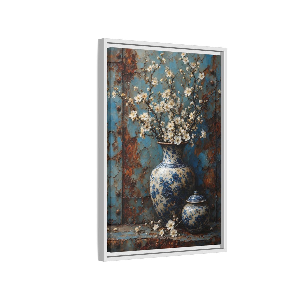 Floral White Blossoms Blue and Framed Canvas Wall Art - Living Room Above Couch shown as canvas wall art