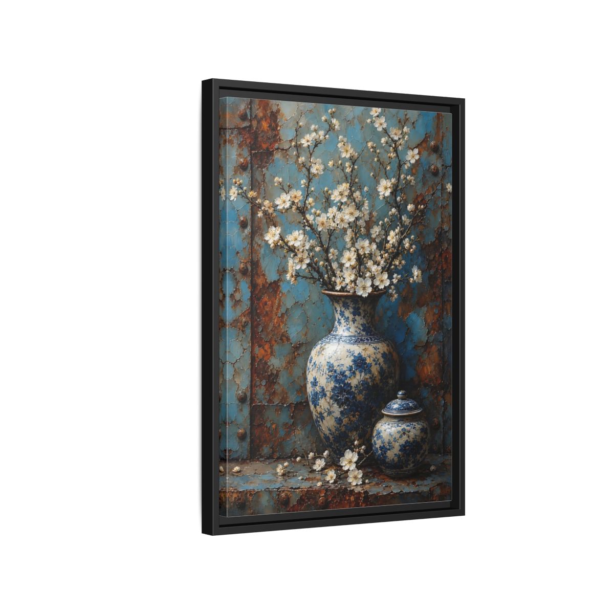 Floral White Blossoms Blue and Framed Canvas Wall Art - Living Room Above Couch shown as canvas wall art
