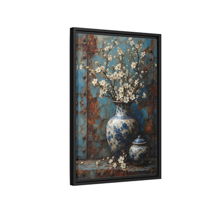 Floral White Blossoms Blue and Framed Canvas Wall Art - Living Room Above Couch shown as canvas wall art