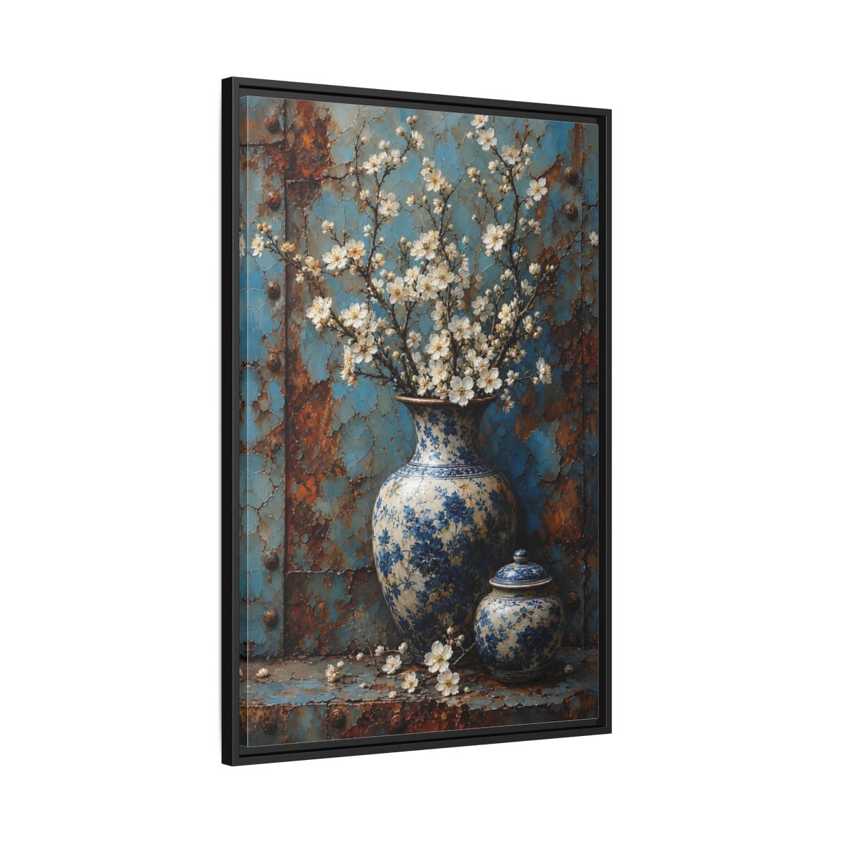 Floral White Blossoms Blue and Framed Canvas Wall Art - Living Room Above Couch shown as canvas wall art