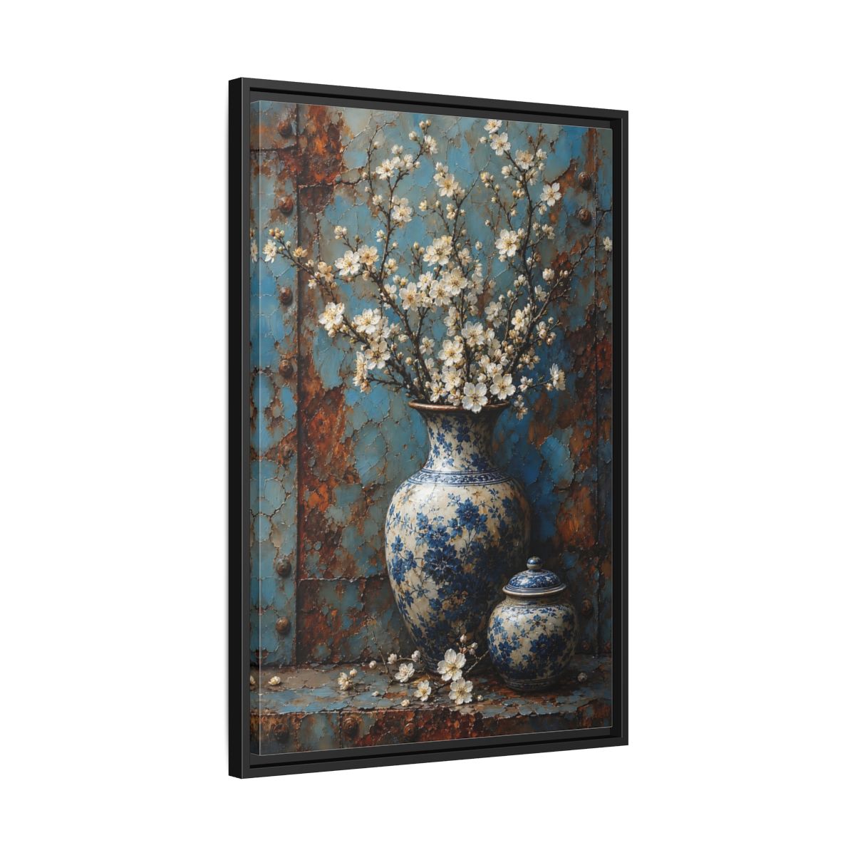 Floral White Blossoms Blue and Framed Canvas Wall Art - Living Room Above Couch shown as canvas wall art