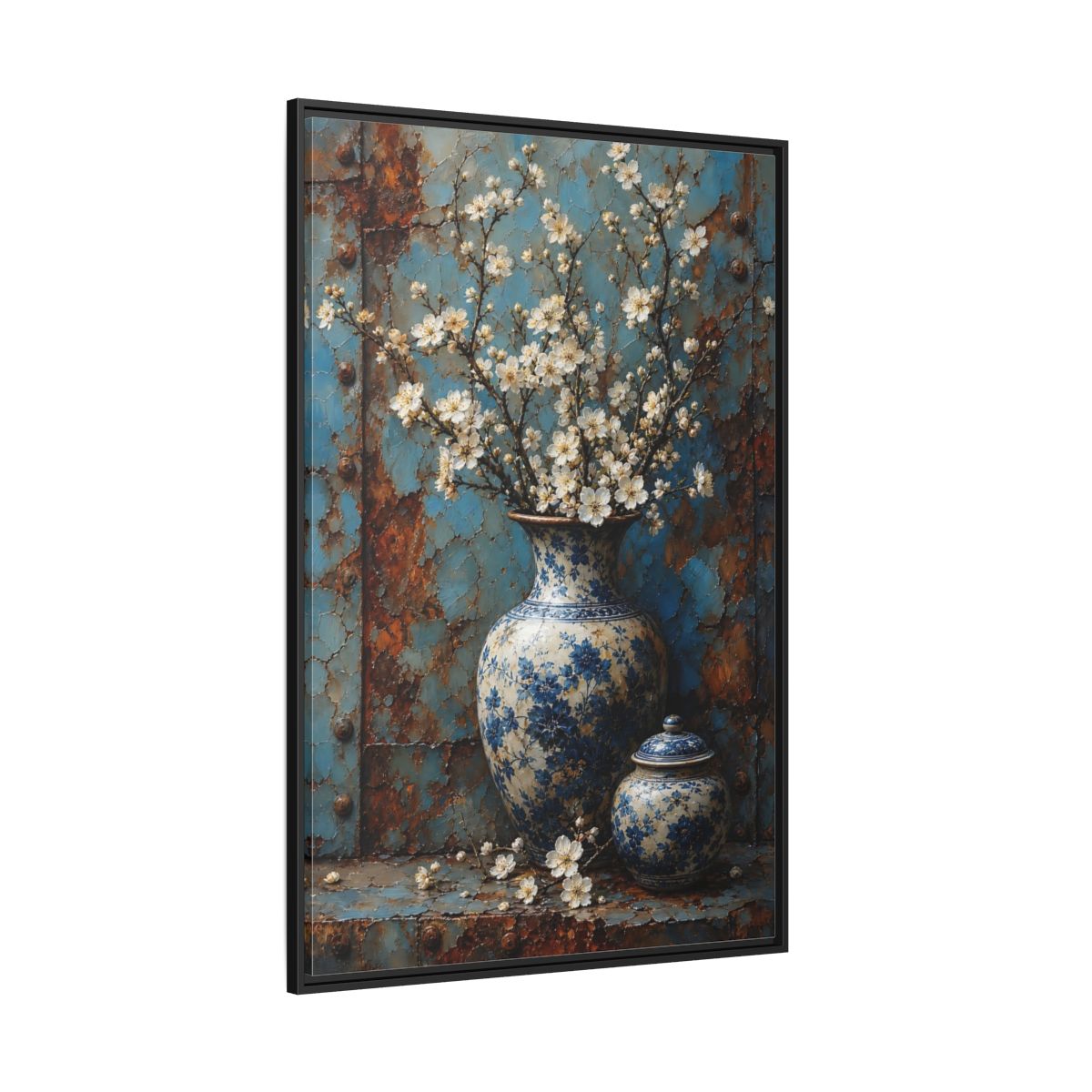 Floral White Blossoms Blue and Framed Canvas Wall Art - Living Room Above Couch shown as canvas wall art