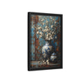 Side Mockup 6. Floral White Blossoms Blue And White Floral shown as stretched canvas wall art