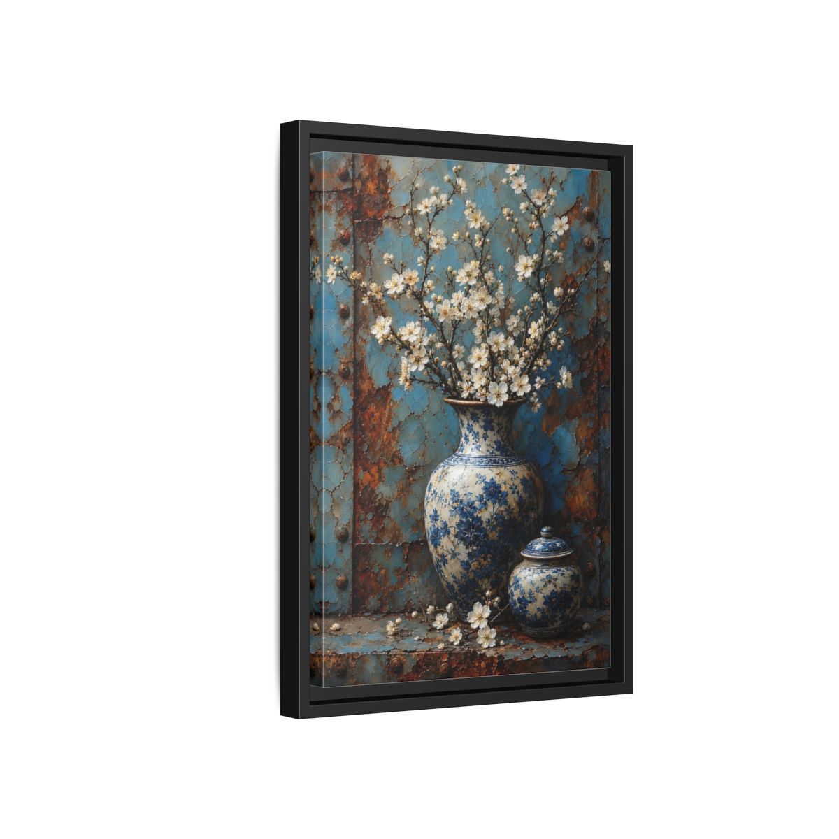 Side Mockup 6. Floral White Blossoms Blue And White Floral shown as stretched canvas wall art