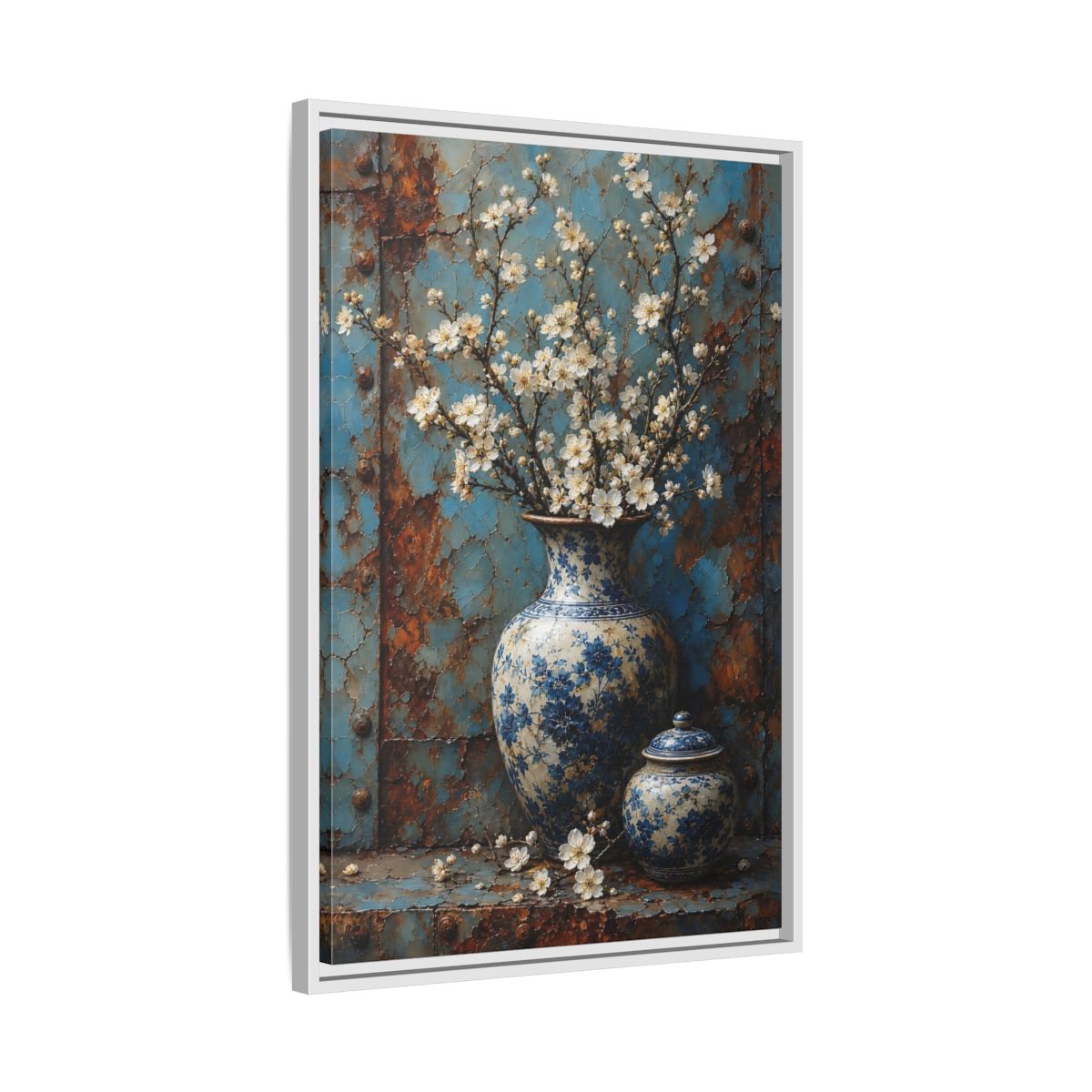 Floral White Blossoms Blue and Framed Canvas Wall Art - Living Room Above Couch shown as canvas wall art