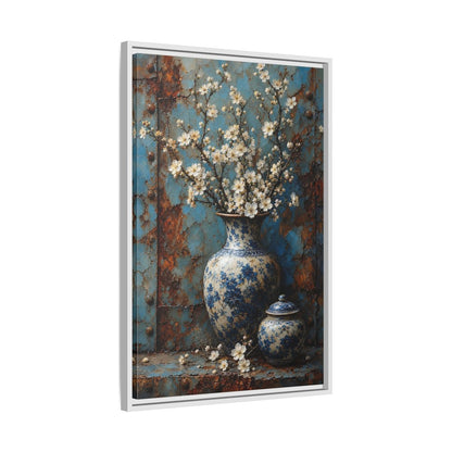 Floral White Blossoms Blue and Framed Canvas Wall Art - Living Room Above Couch shown as canvas wall art
