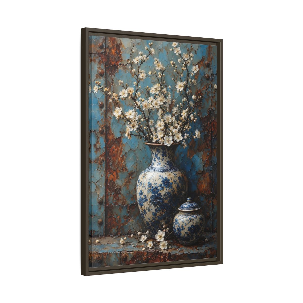 Floral White Blossoms Blue and Framed Canvas Wall Art - Living Room Above Couch shown as canvas wall art