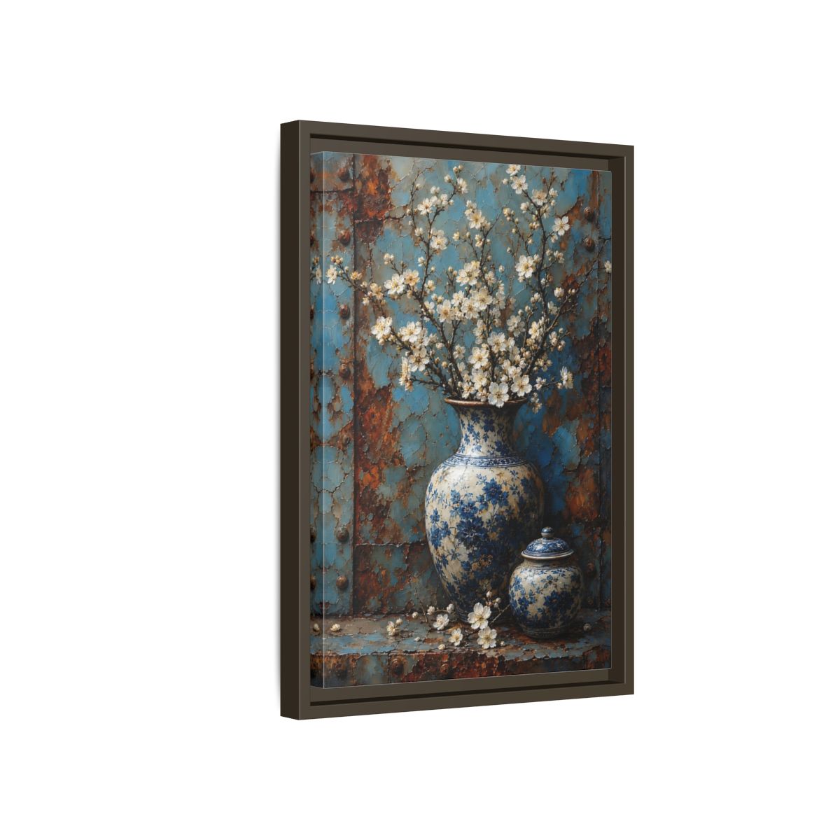 Floral White Blossoms Blue and Framed Canvas Wall Art - Living Room Above Couch shown as canvas wall art