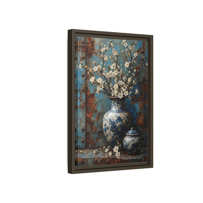 Floral White Blossoms Blue and Framed Canvas Wall Art - Living Room Above Couch shown as canvas wall art