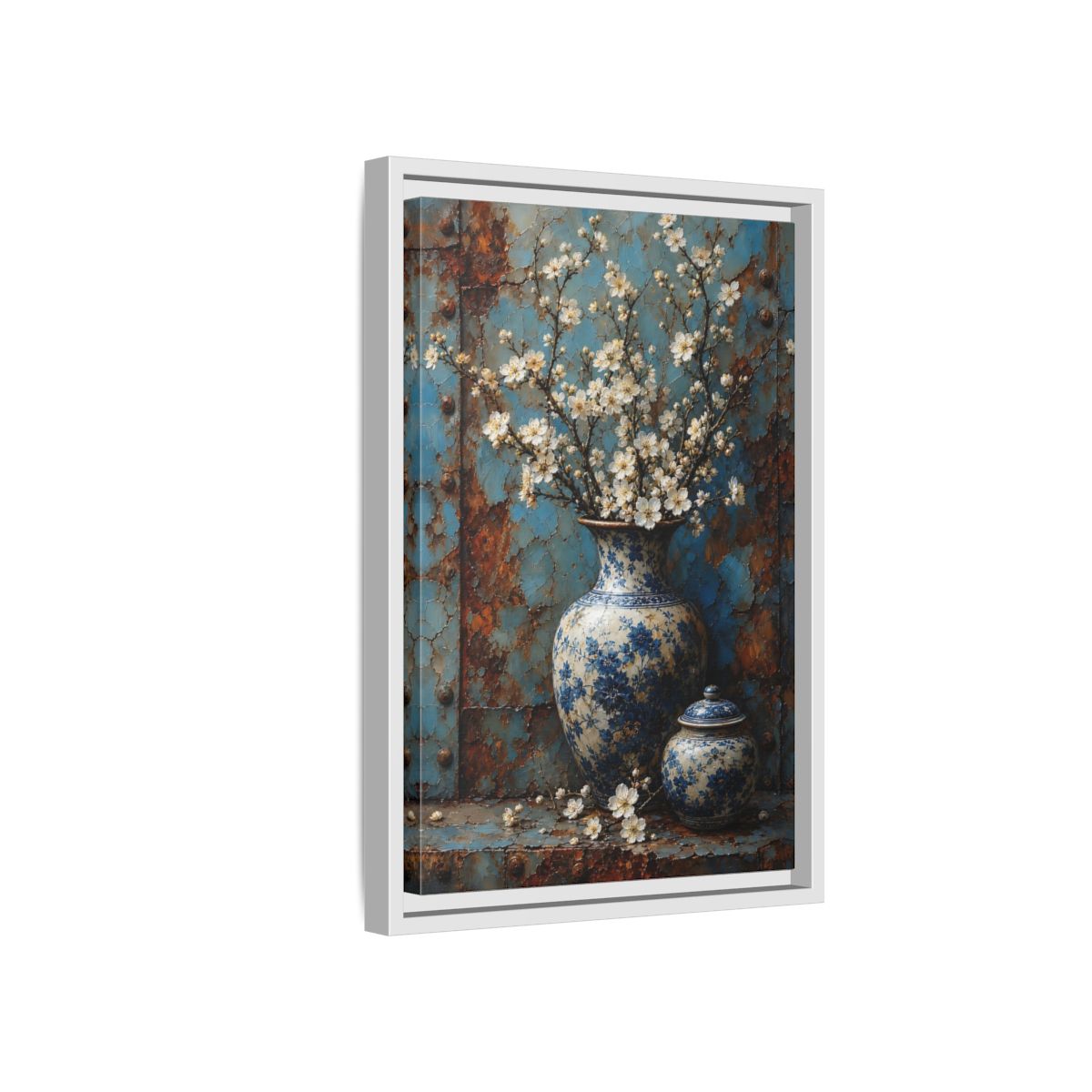 Floral White Blossoms Blue and Framed Canvas Wall Art - Living Room Above Couch shown as canvas wall art