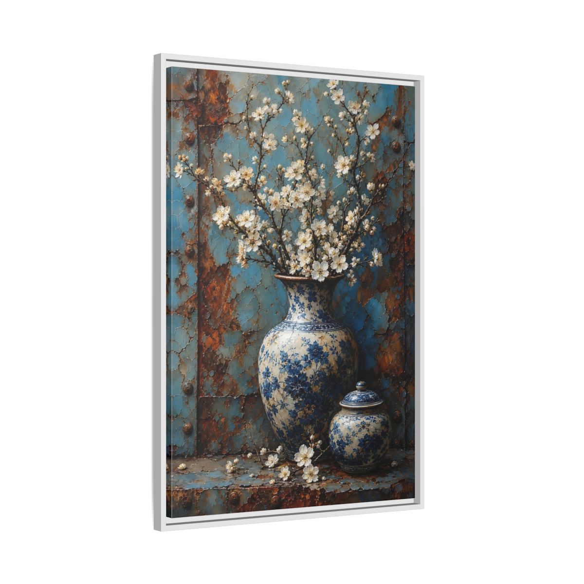 Floral White Blossoms Blue and Framed Canvas Wall Art - Living Room Above Couch shown as canvas wall art