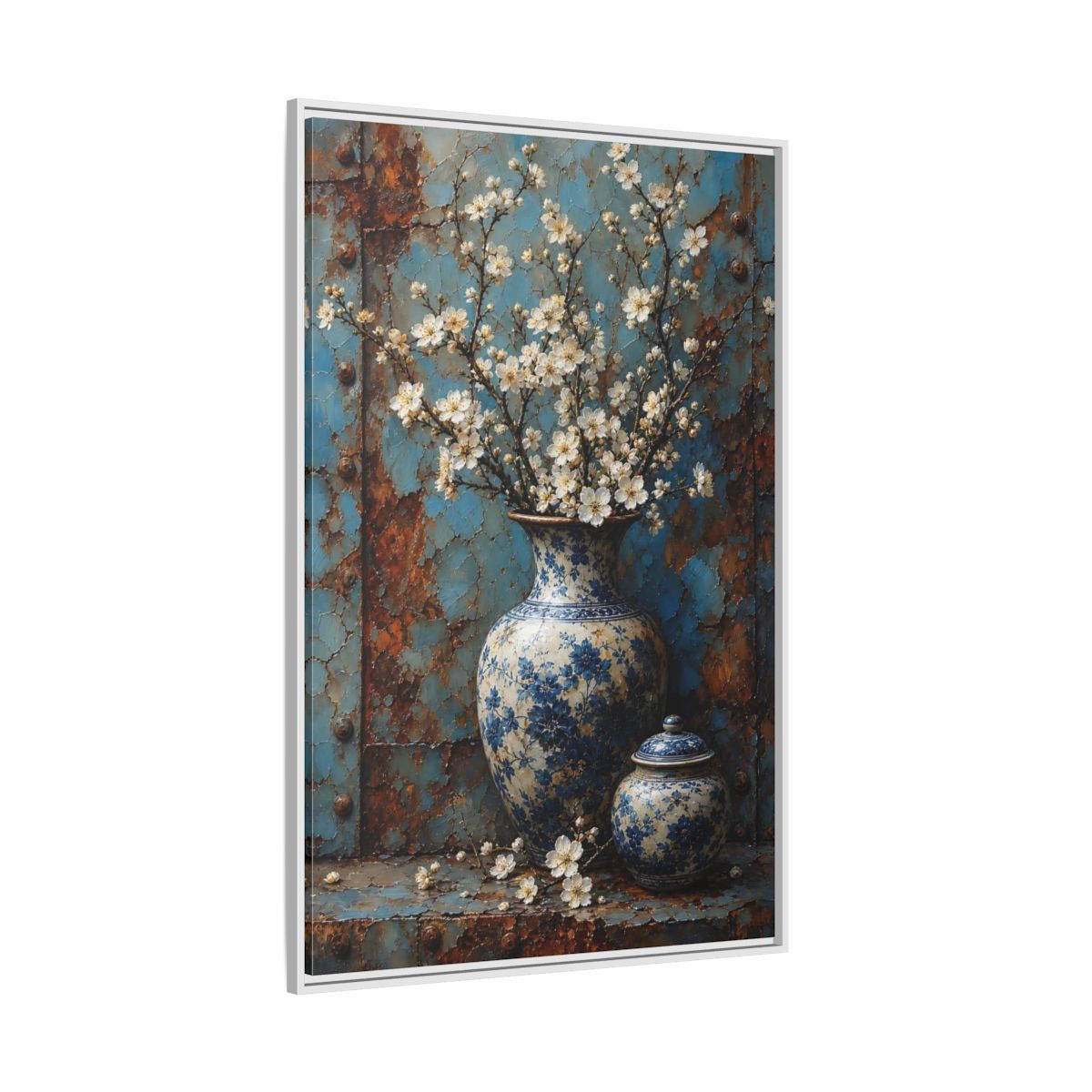 Floral White Blossoms Blue and Framed Canvas Wall Art - Living Room Above Couch shown as canvas wall art
