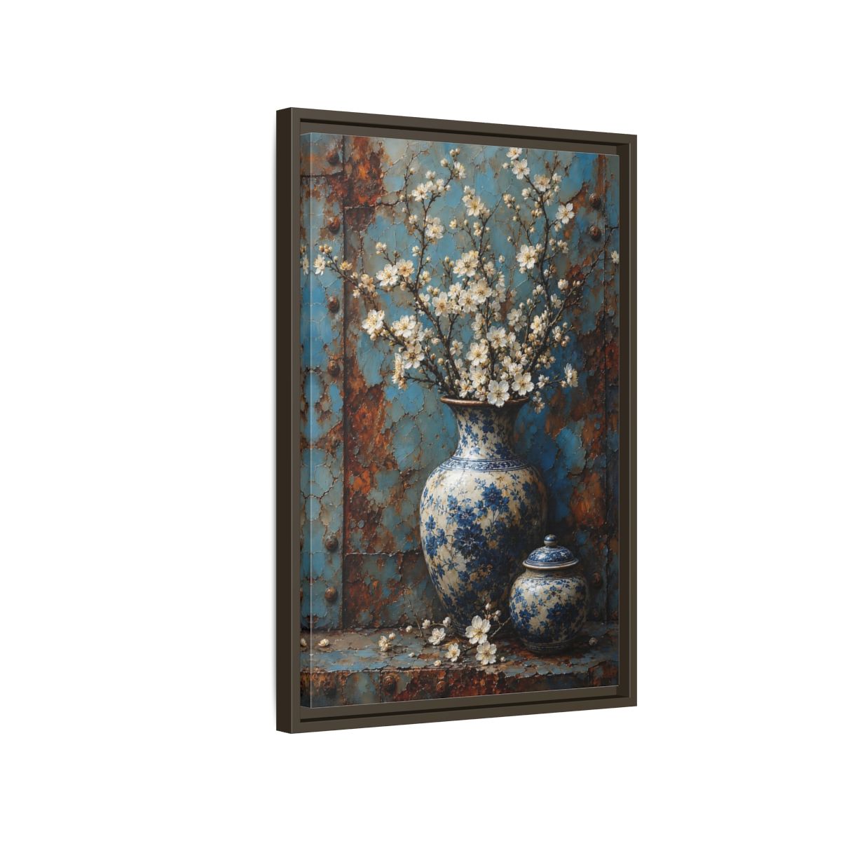Floral White Blossoms Blue and Framed Canvas Wall Art - Living Room Above Couch shown as canvas wall art