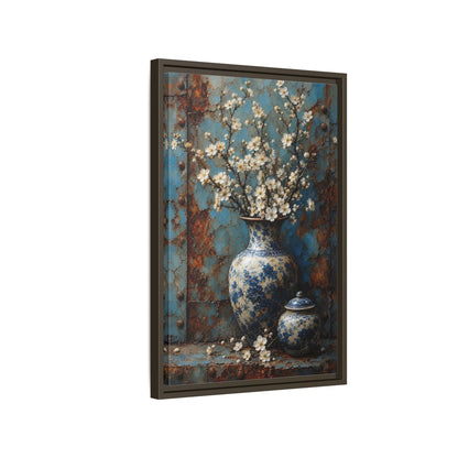 Floral White Blossoms Blue and Framed Canvas Wall Art - Living Room Above Couch shown as canvas wall art