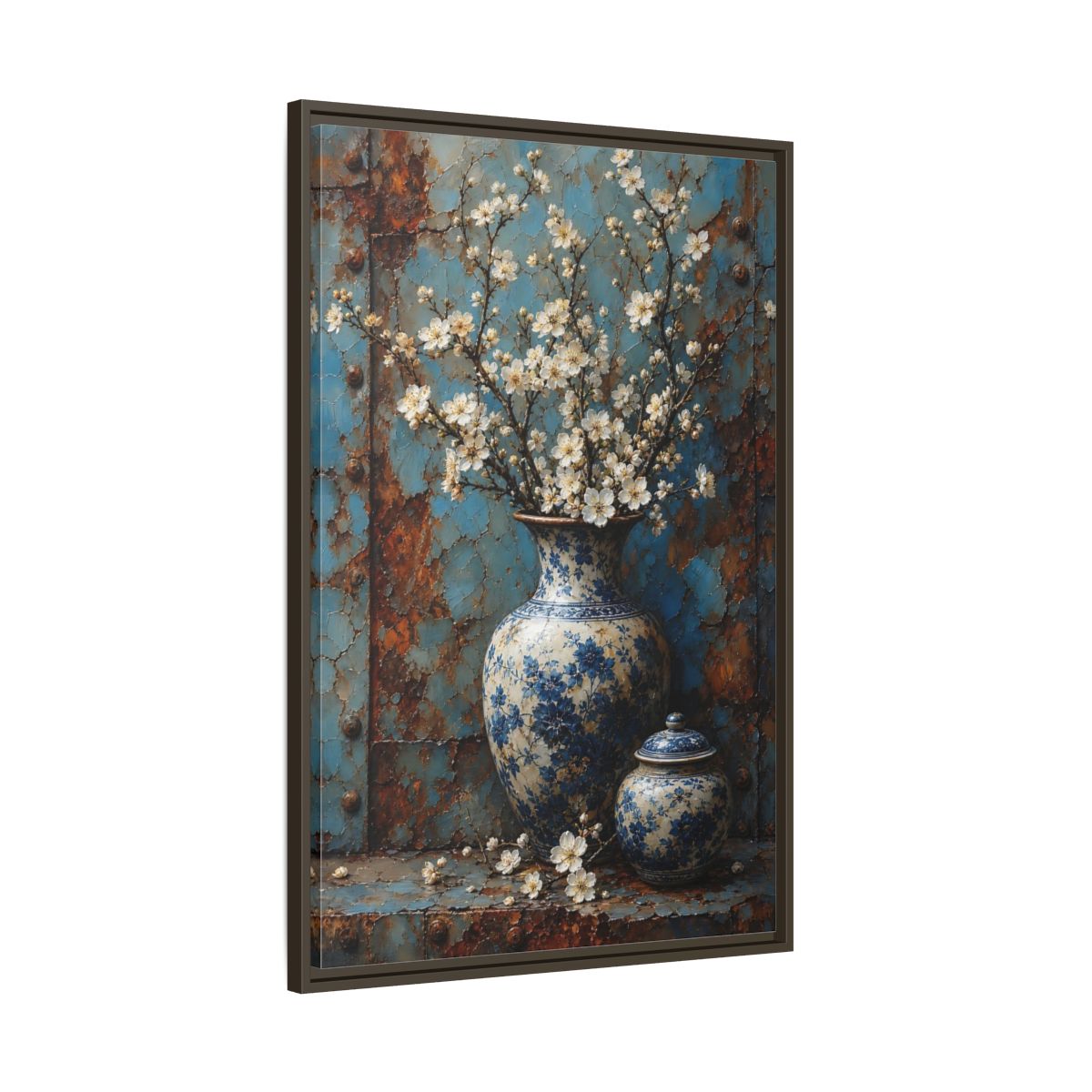 Floral White Blossoms Blue and Framed Canvas Wall Art - Living Room Above Couch shown as canvas wall art