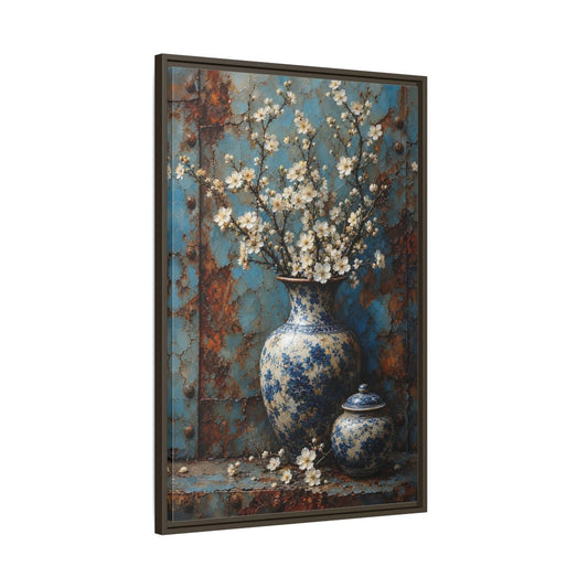 Main Mockup. Floral White Blossoms Blue And White Floral shown as stretched canvas wall art