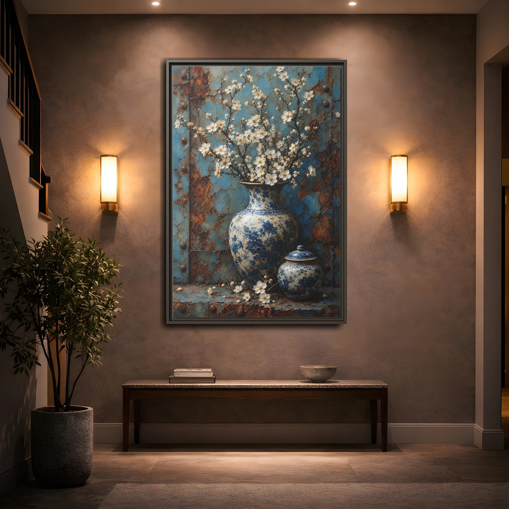 Mockup 2. Floral White Blossoms Blue And White Floral shown as stretched canvas wall art