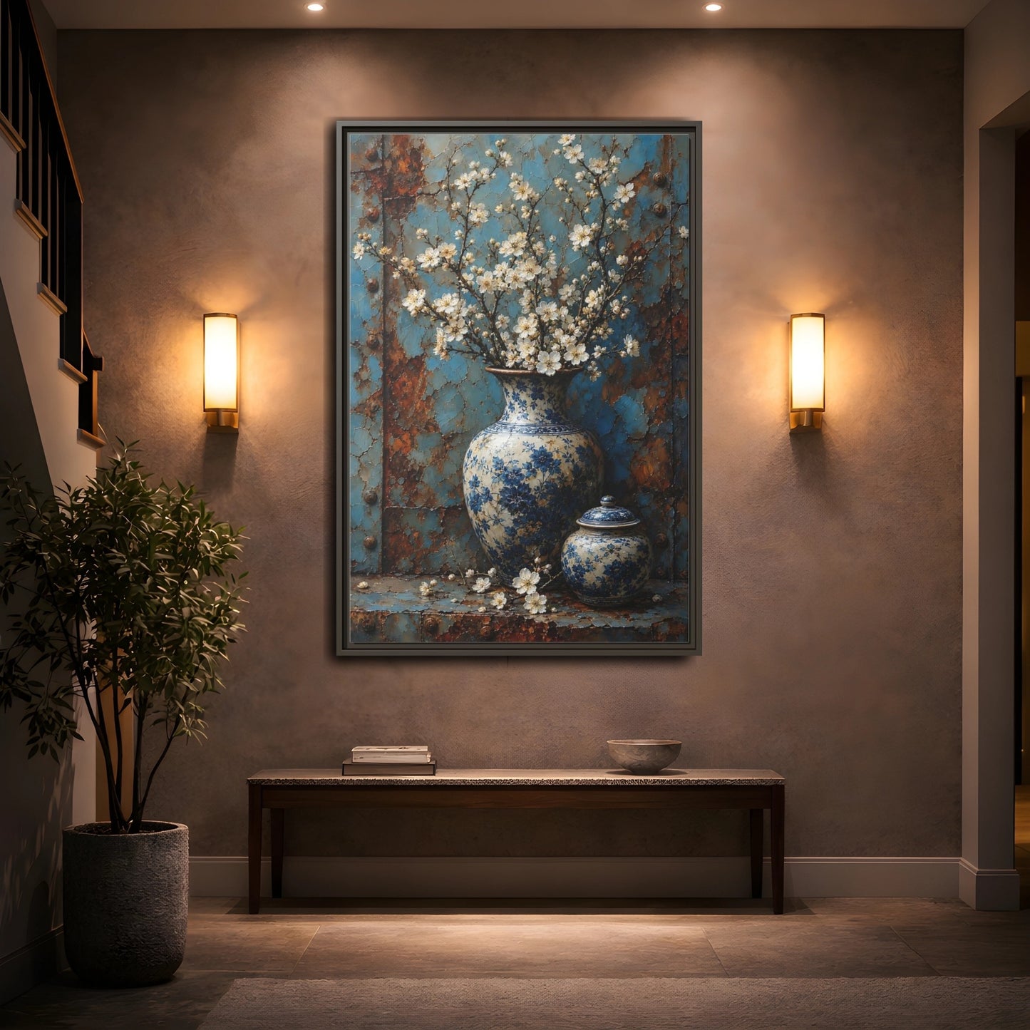 Floral White Blossoms Blue and Framed Canvas Wall Art - Living Room Above Couch shown as canvas wall art