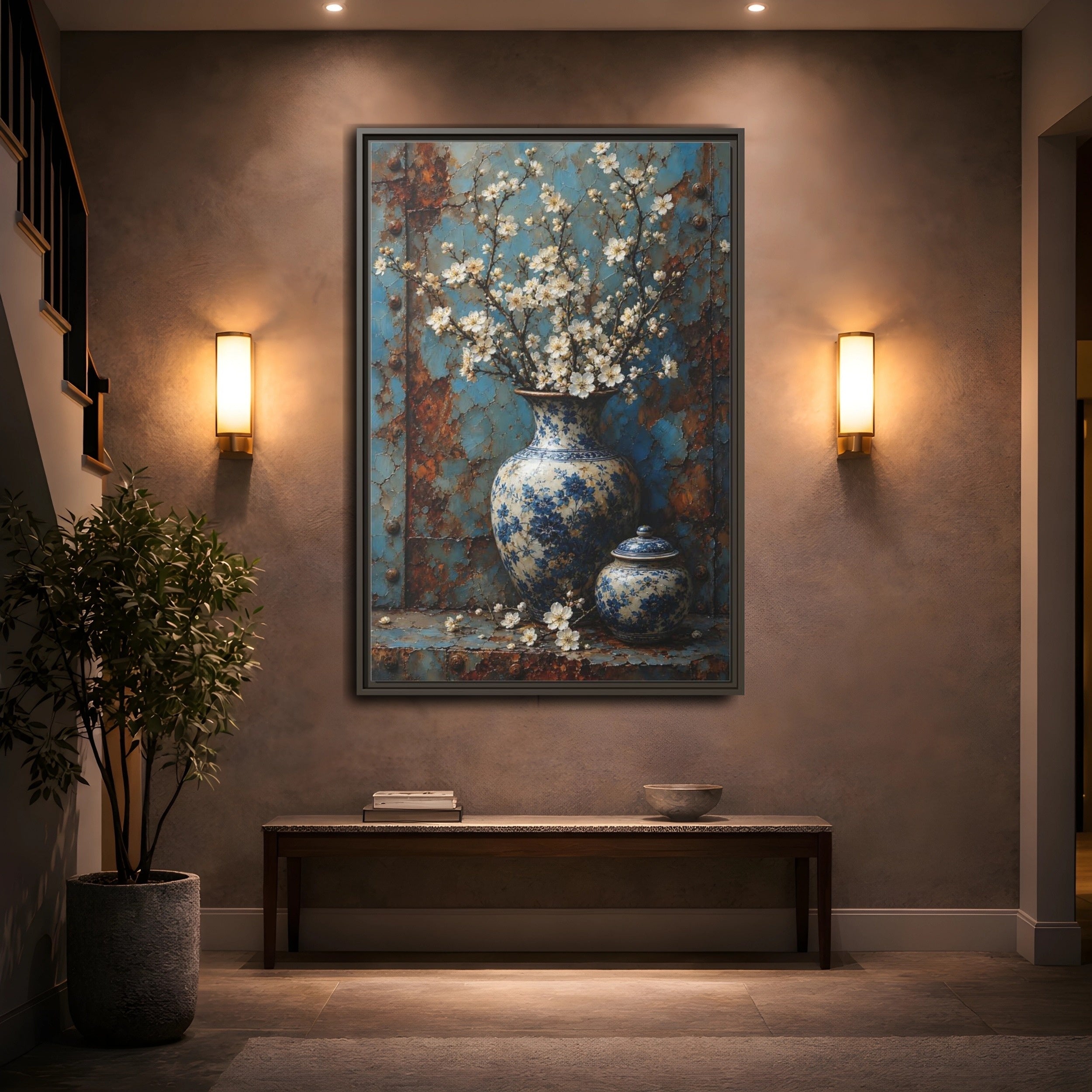 Mockup 2. Floral White Blossoms Blue And White Floral shown as stretched canvas wall art
