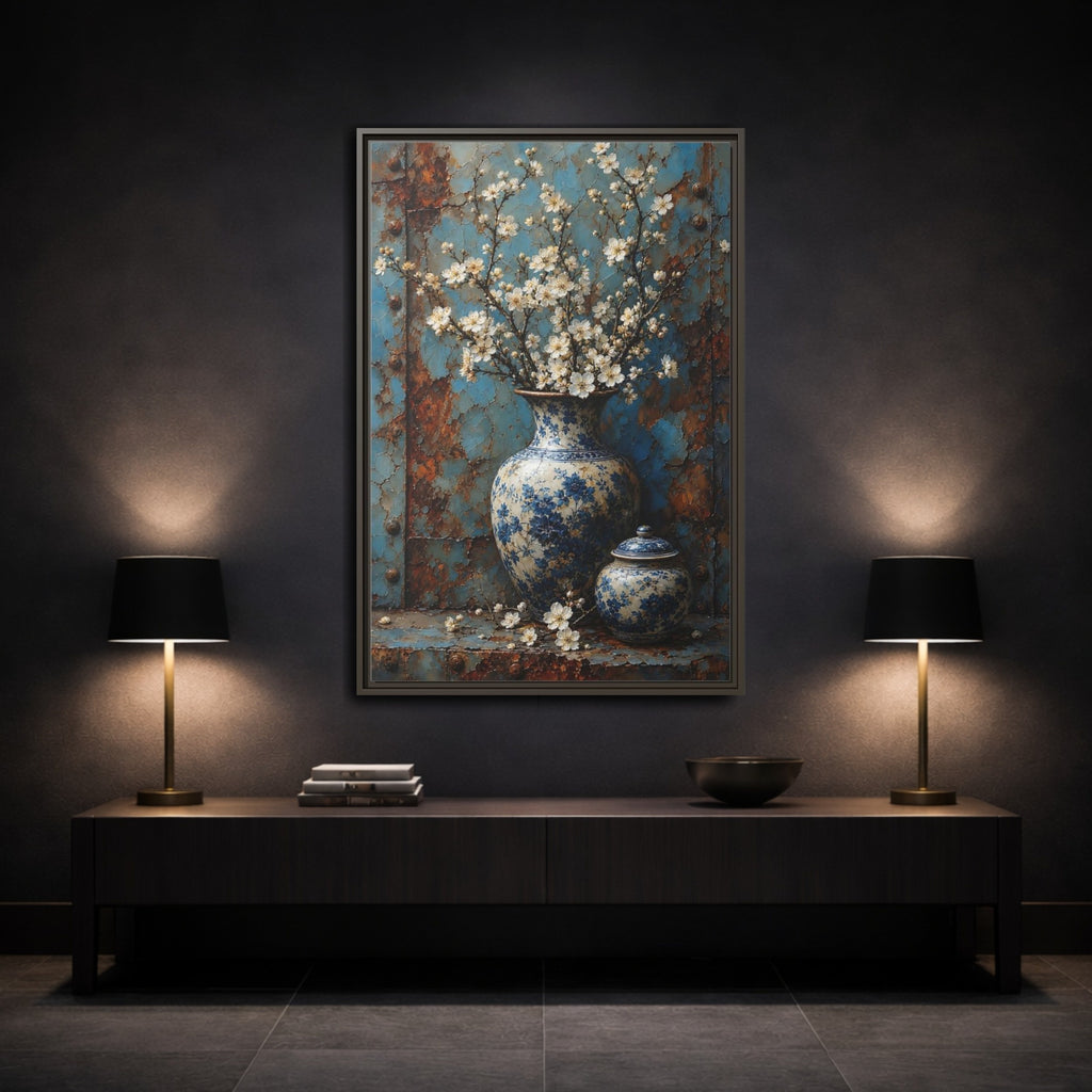Mockup 3. Floral White Blossoms Blue And White Floral shown as stretched canvas wall art