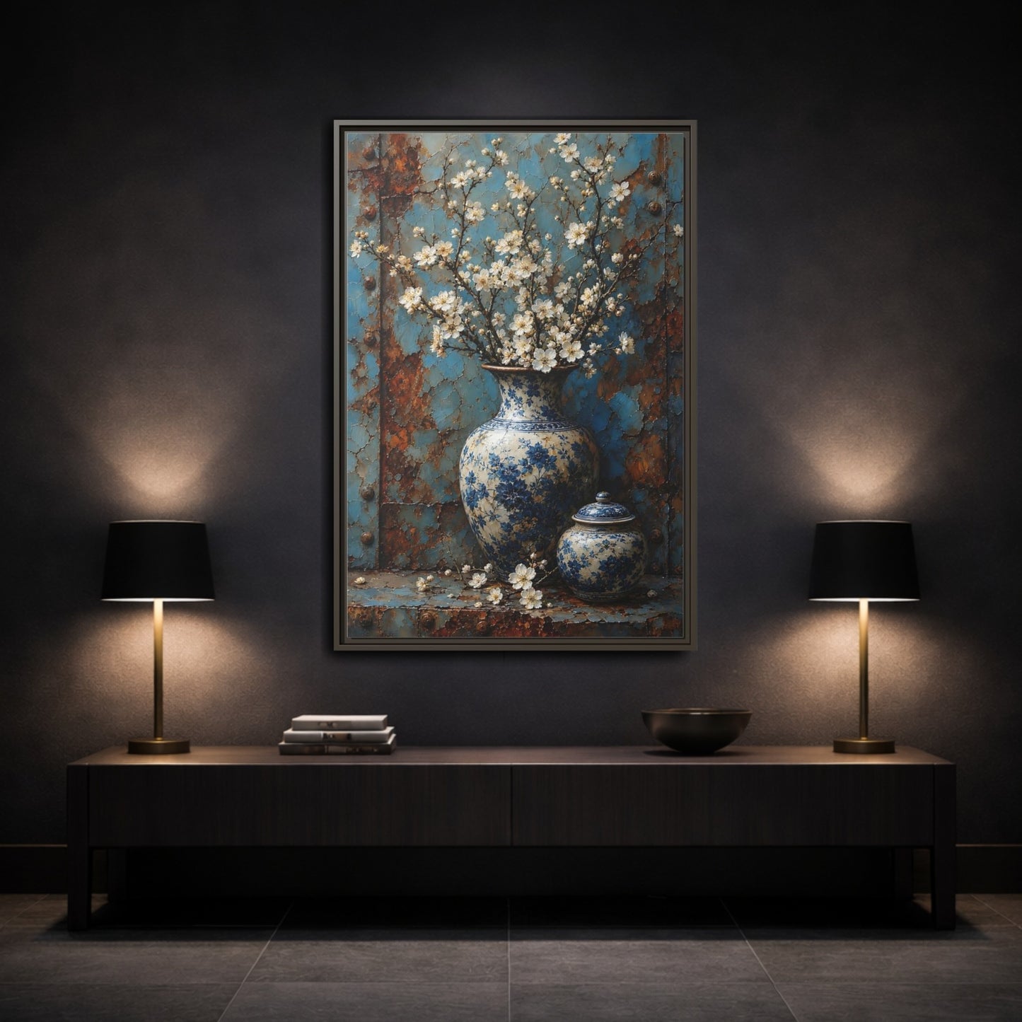 Floral White Blossoms Blue and Framed Canvas Wall Art - Living Room Above Couch shown as canvas wall art