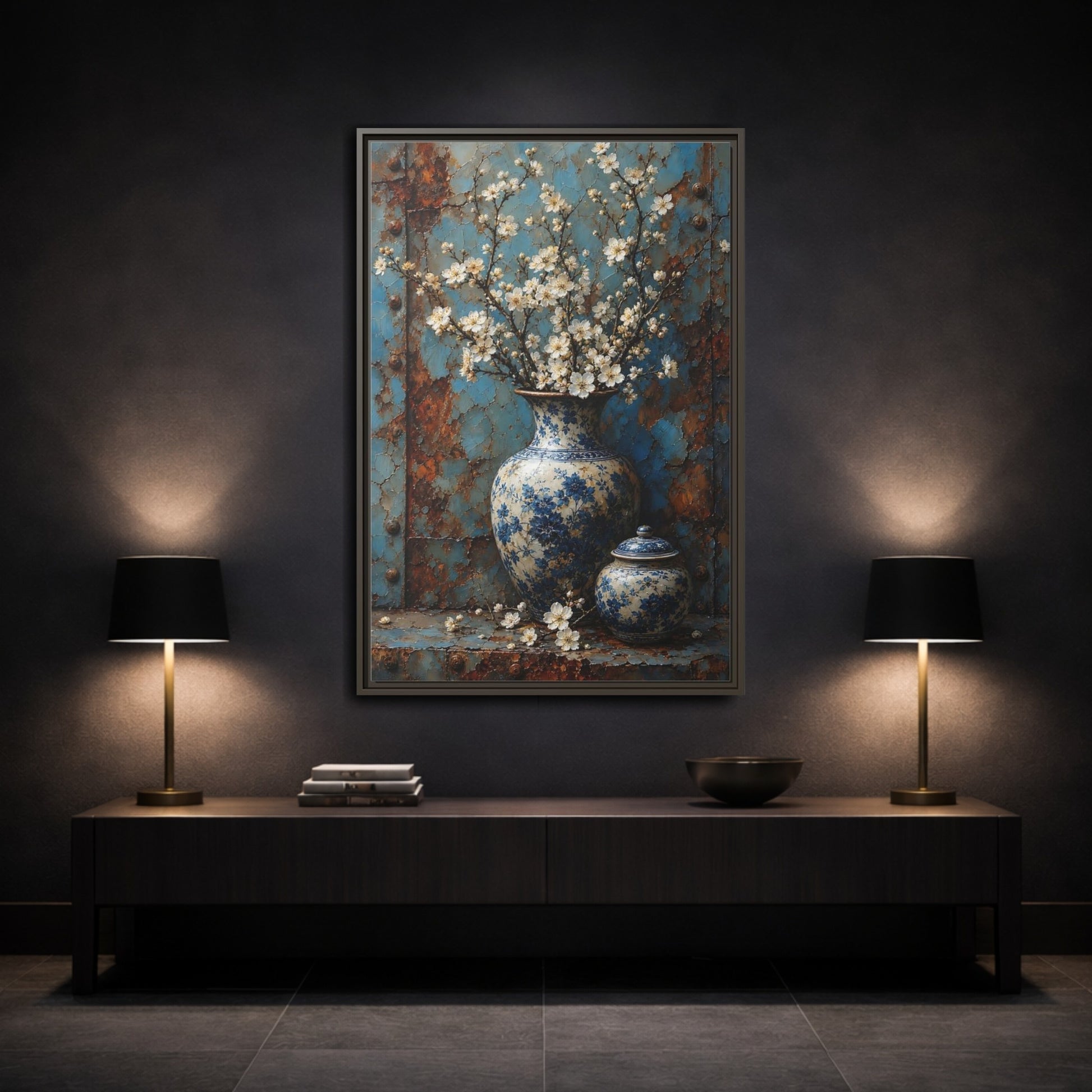 Floral White Blossoms Blue and Framed Canvas Wall Art - Living Room Above Couch shown as canvas wall art