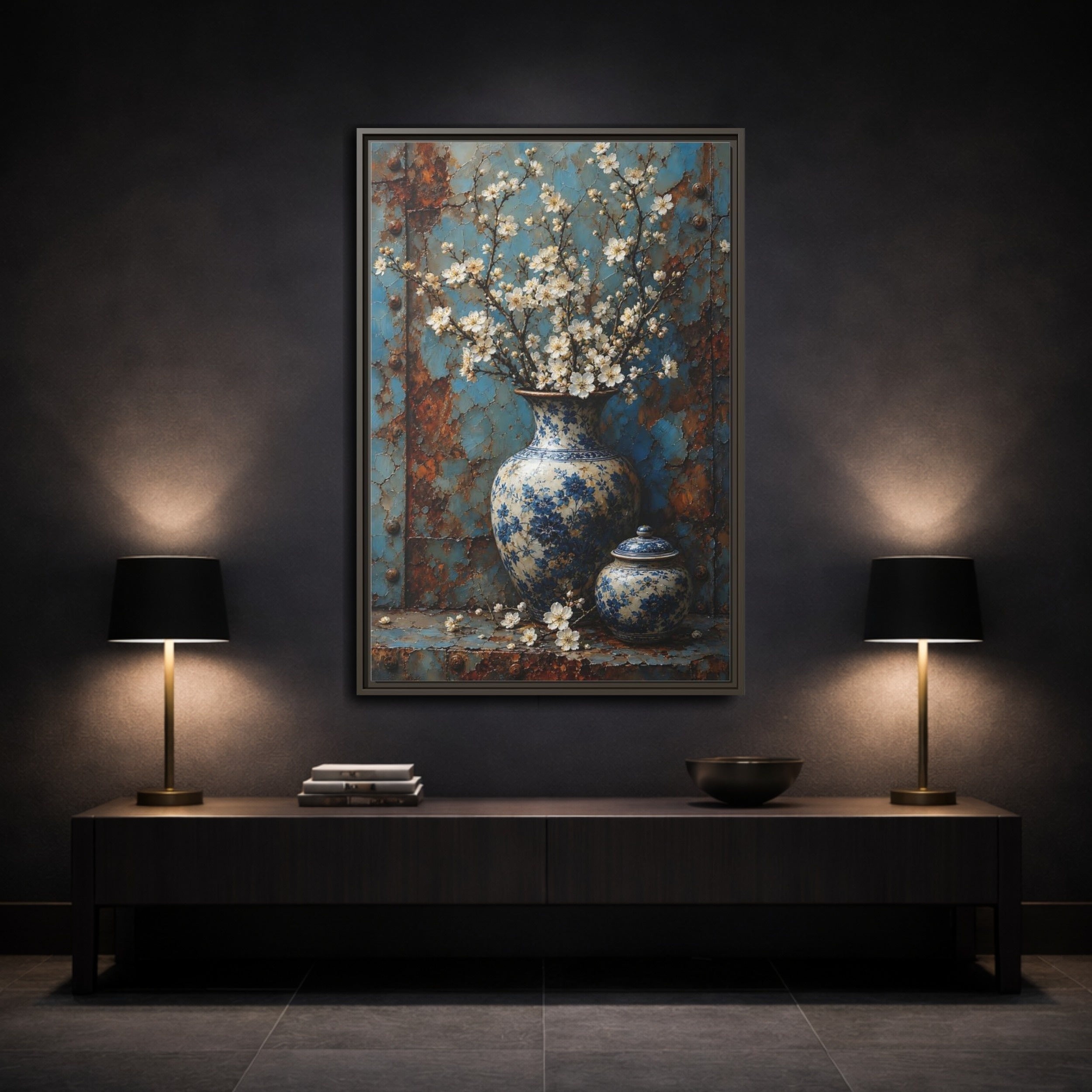Mockup 3. Floral White Blossoms Blue And White Floral shown as stretched canvas wall art