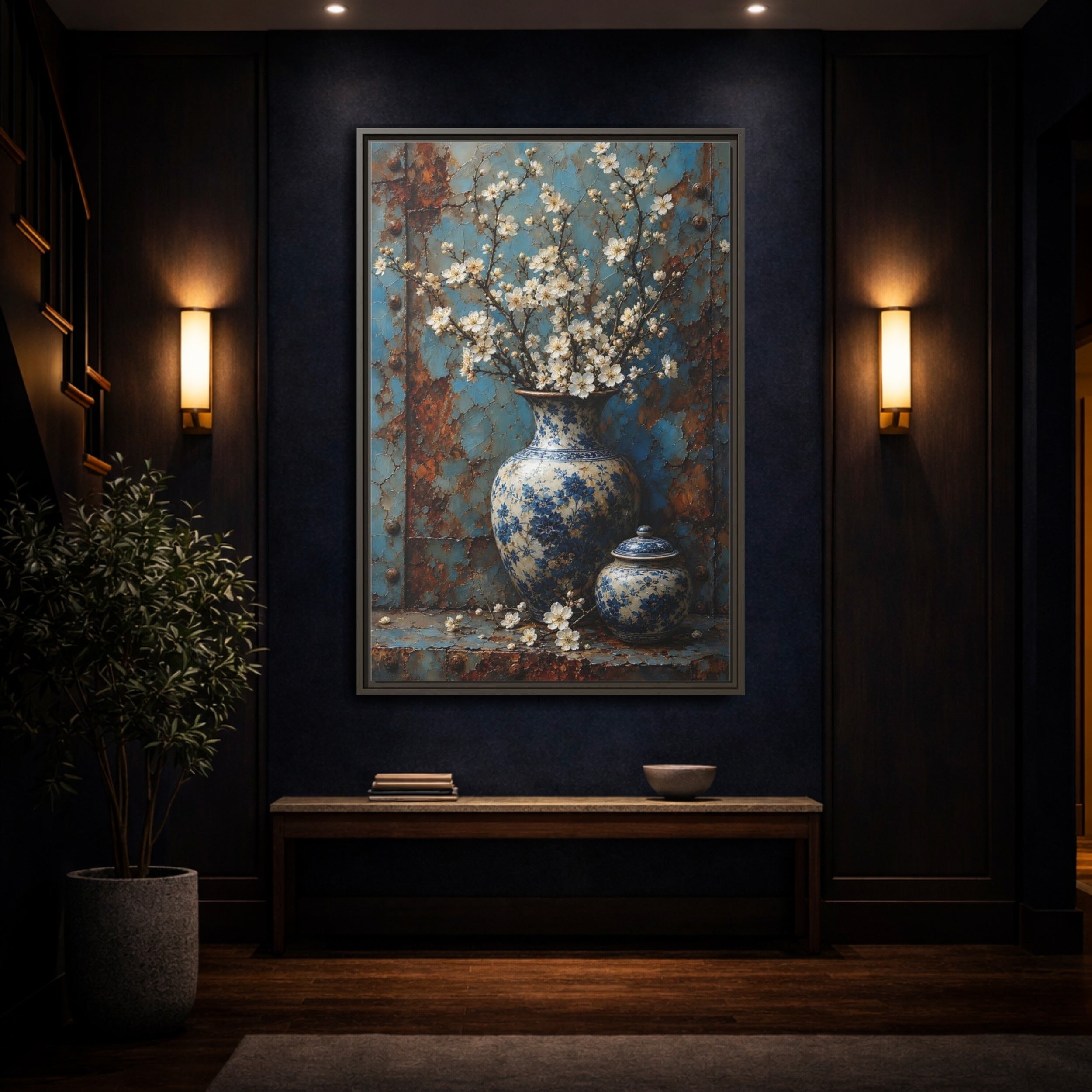Mockup 4. Floral White Blossoms Blue And White Floral shown as stretched canvas wall art
