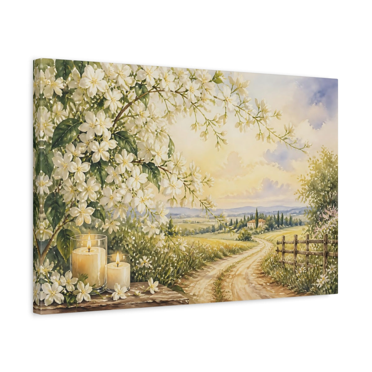 Side Mockup 3. Floral White Blossoms White Floral Scenery shown as stretched canvas wall art