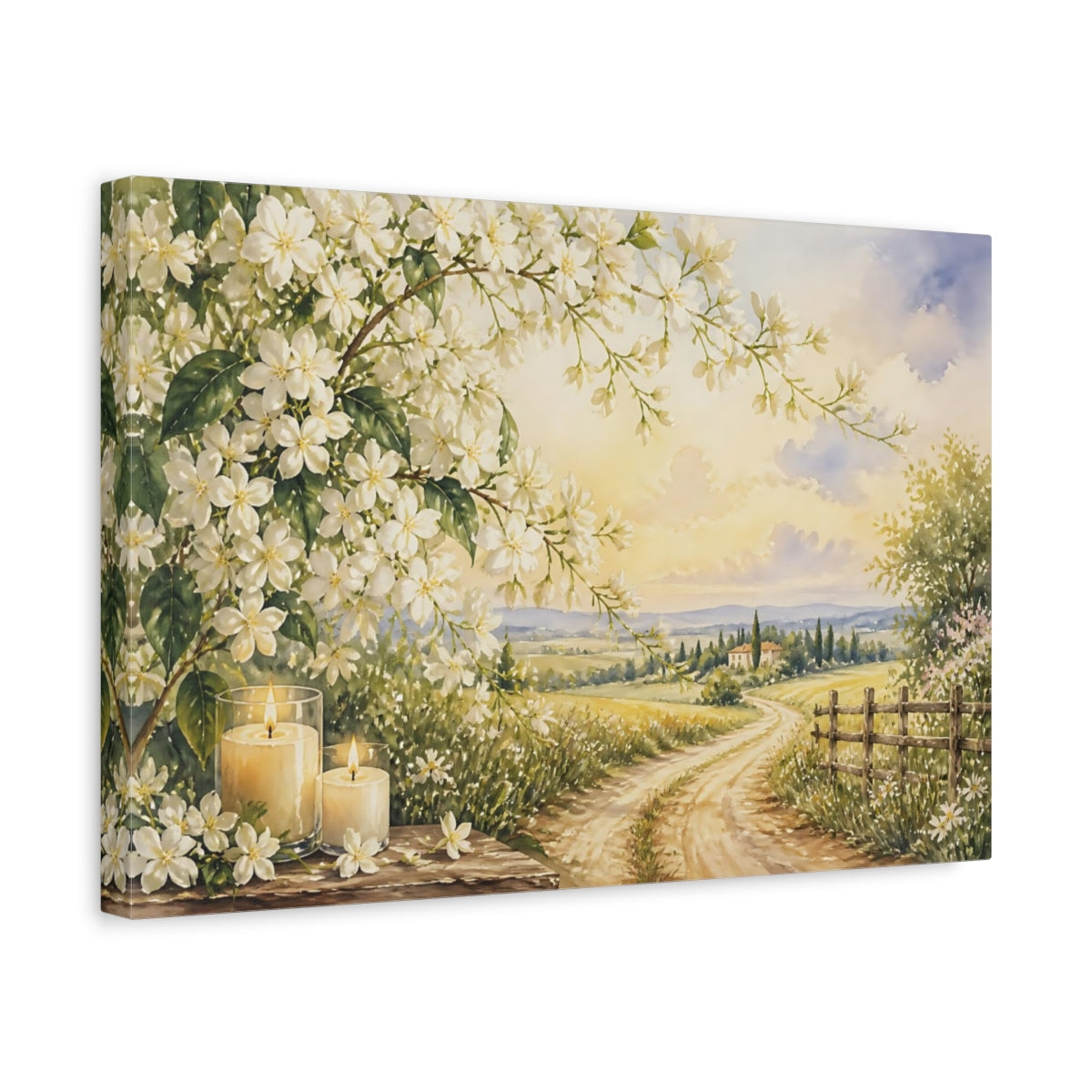 Side Mockup 4. Floral White Blossoms White Floral Scenery shown as stretched canvas wall art