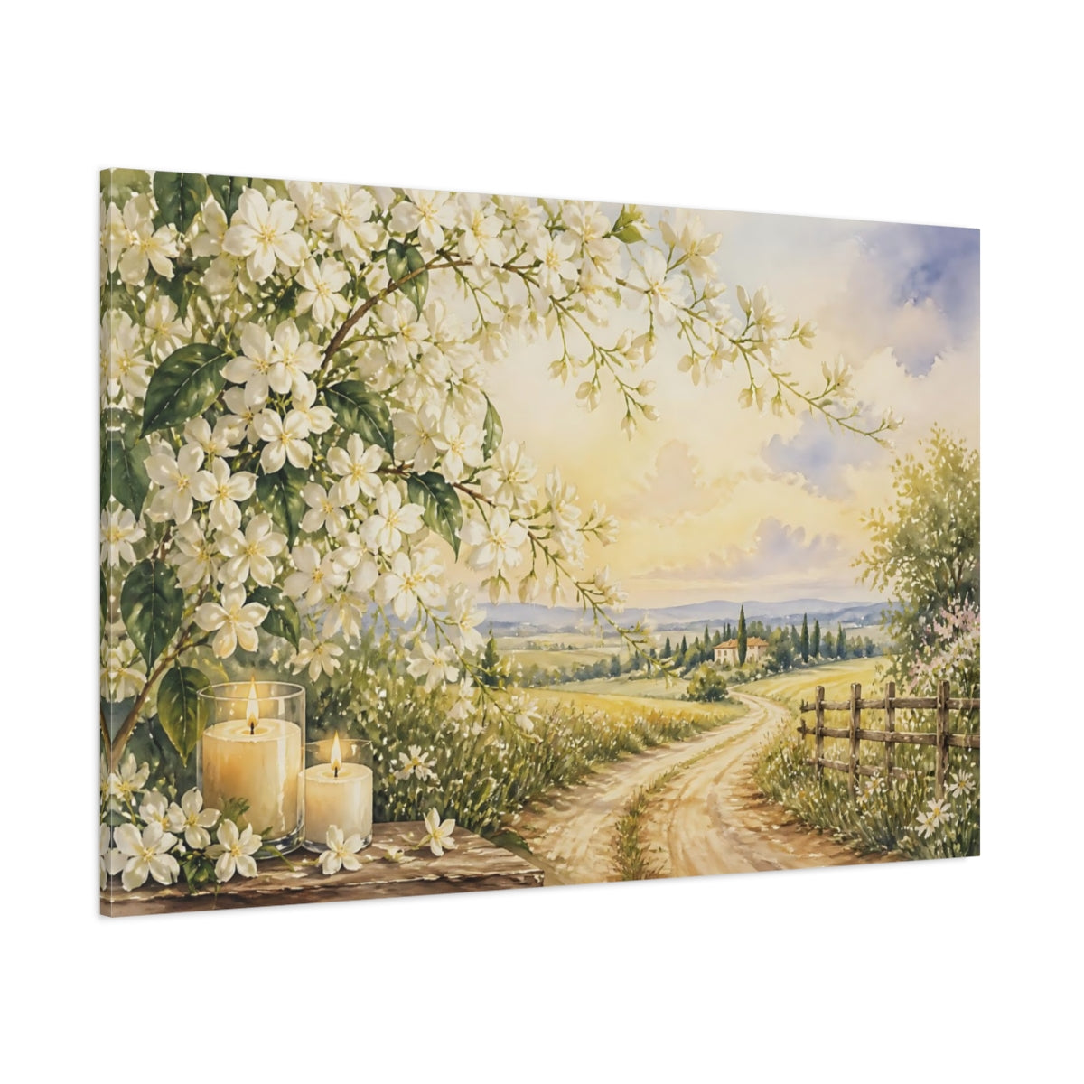 Side Mockup 1. Floral White Blossoms White Floral Scenery shown as stretched canvas wall art