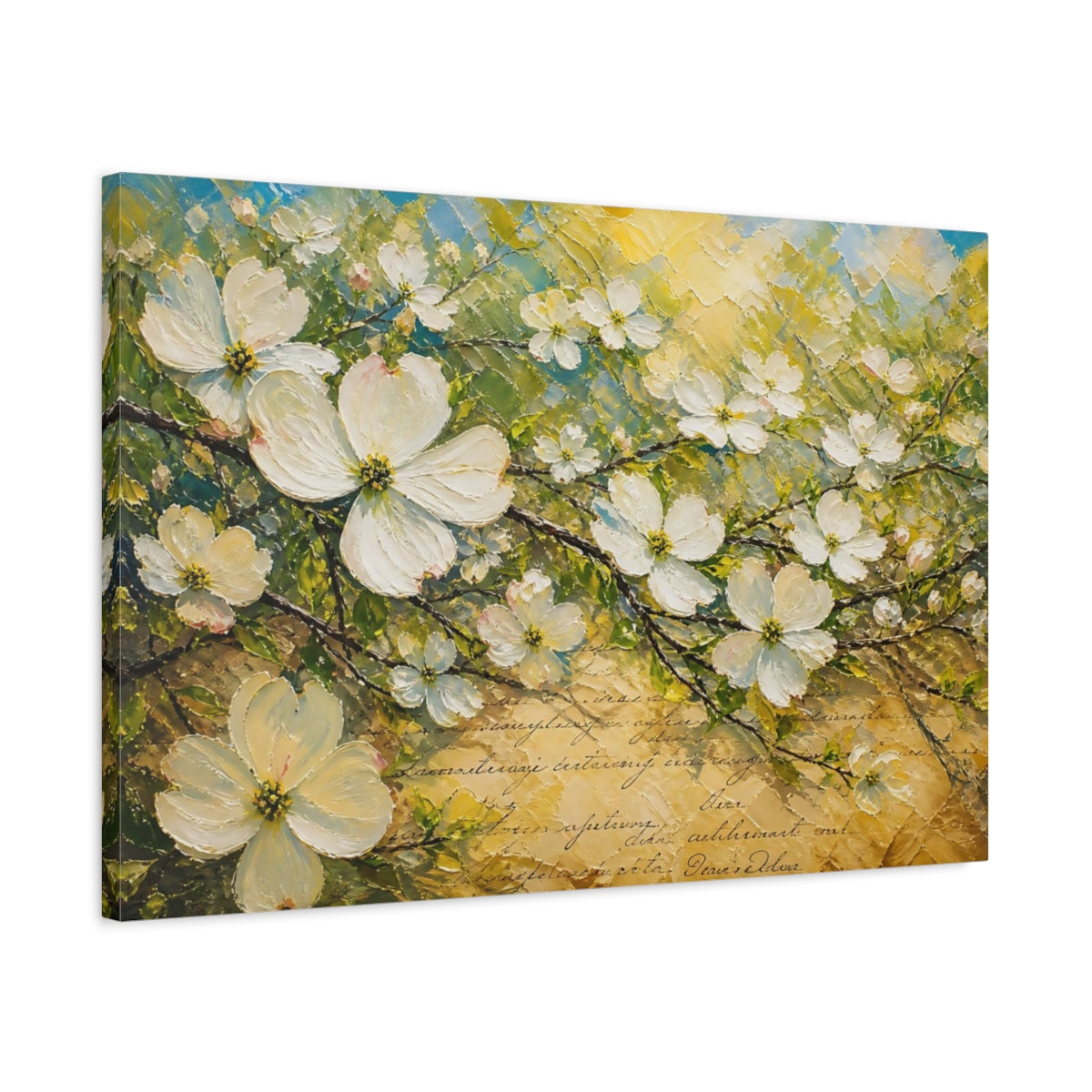 Side Mockup 2. Floral White Blossoms Textured Floral shown as stretched canvas wall art