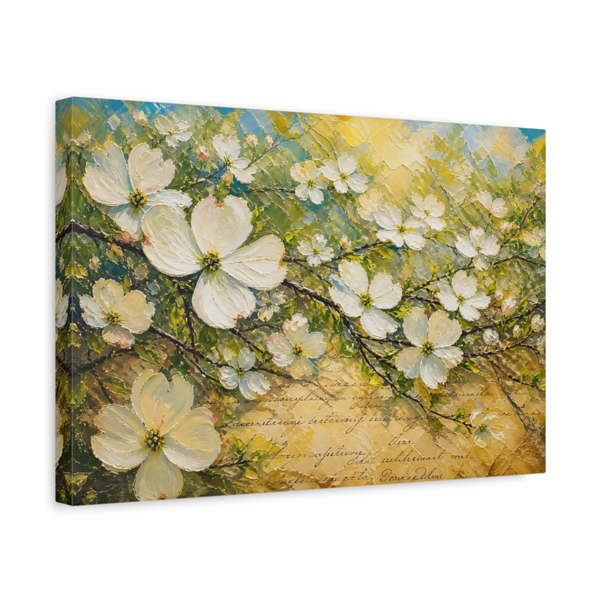 Side Mockup 4. Floral White Blossoms Textured Floral shown as stretched canvas wall art