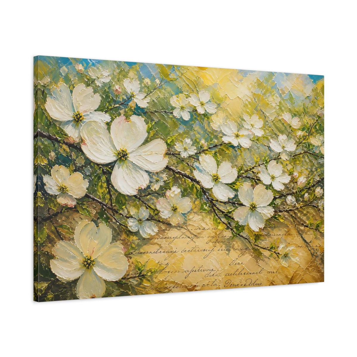 Main Mockup. Floral White Blossoms Textured Floral shown as stretched canvas wall art