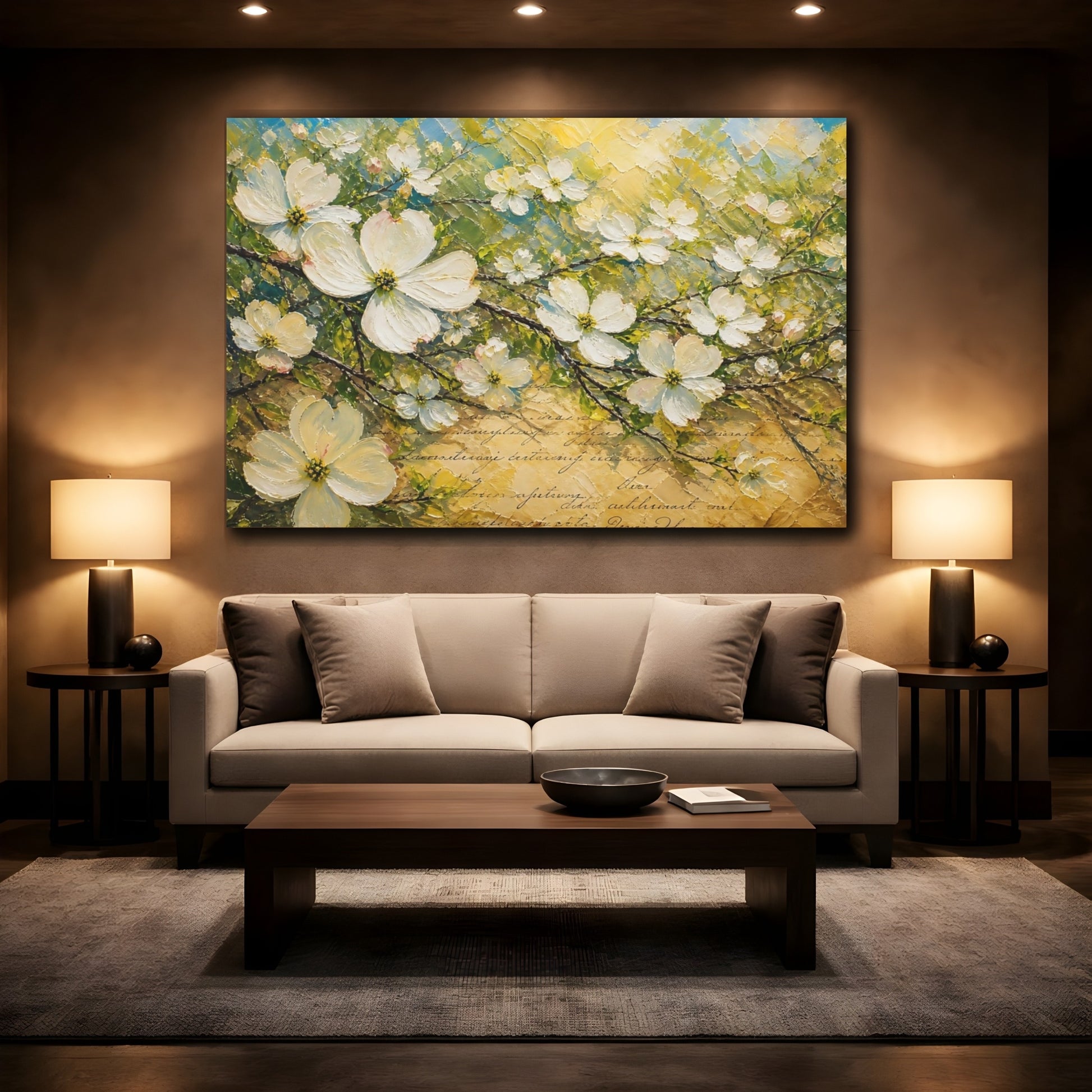 Mockup 2. Floral White Blossoms Textured Floral shown as stretched canvas wall art