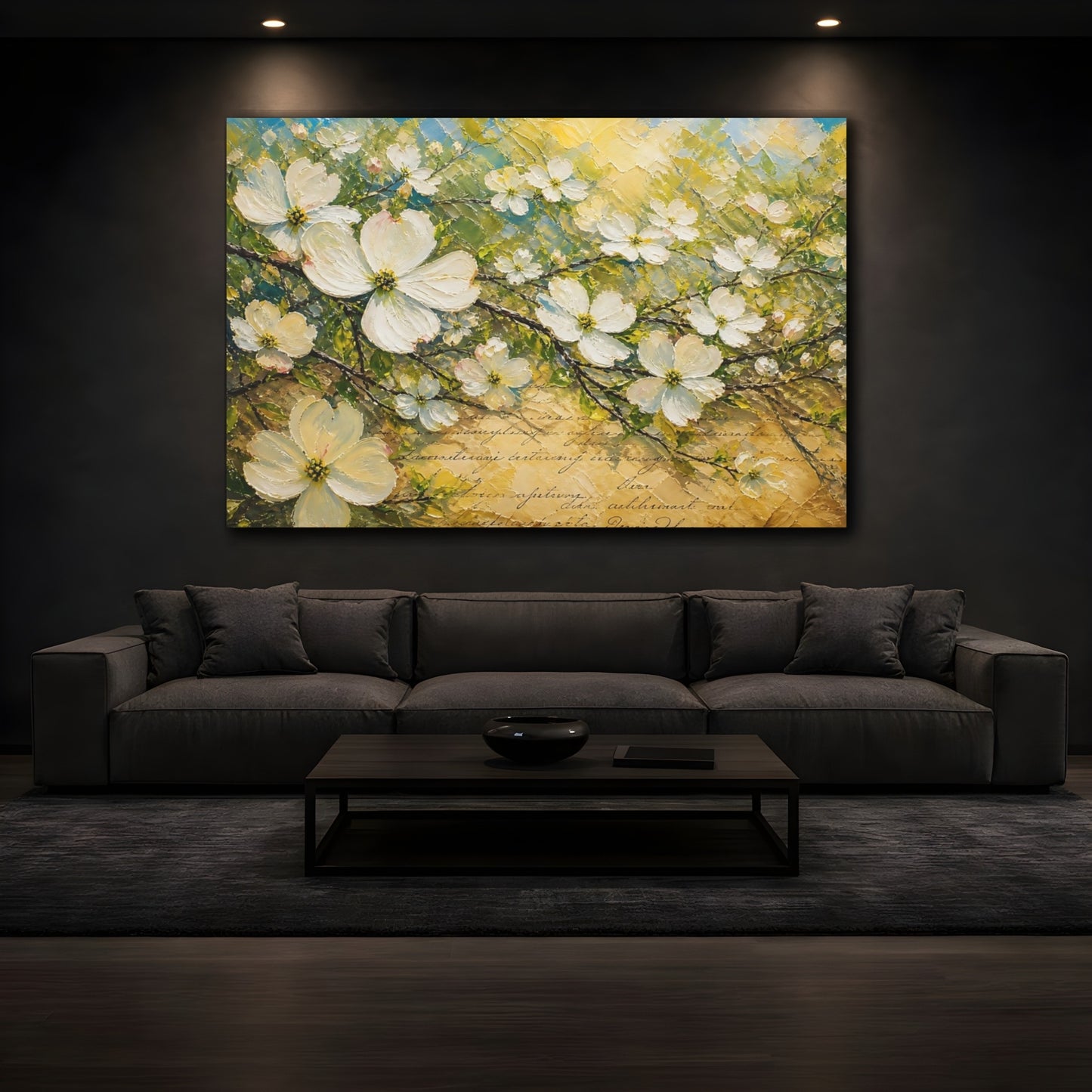 Mockup 3. Floral White Blossoms Textured Floral shown as stretched canvas wall art